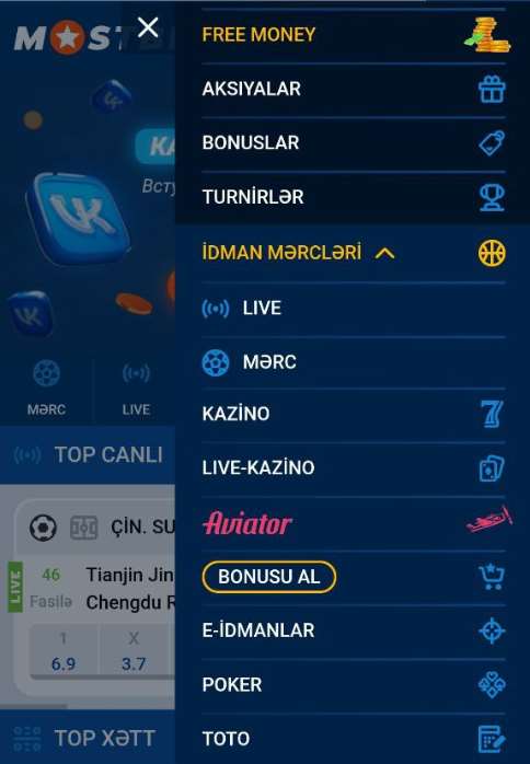 menu app mostbet